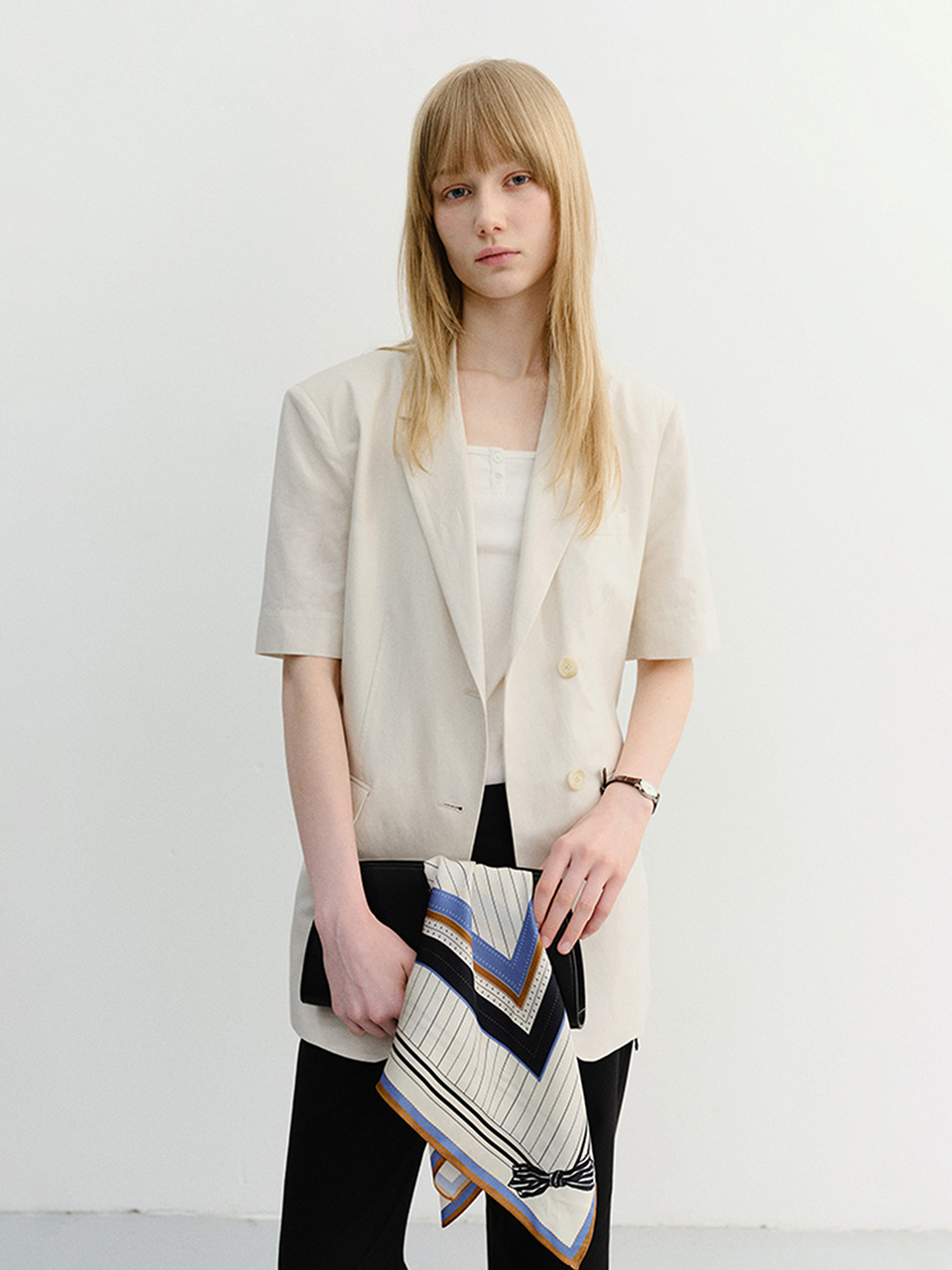 HALF SLEEVE BELTED LINEN JACKET CREAM