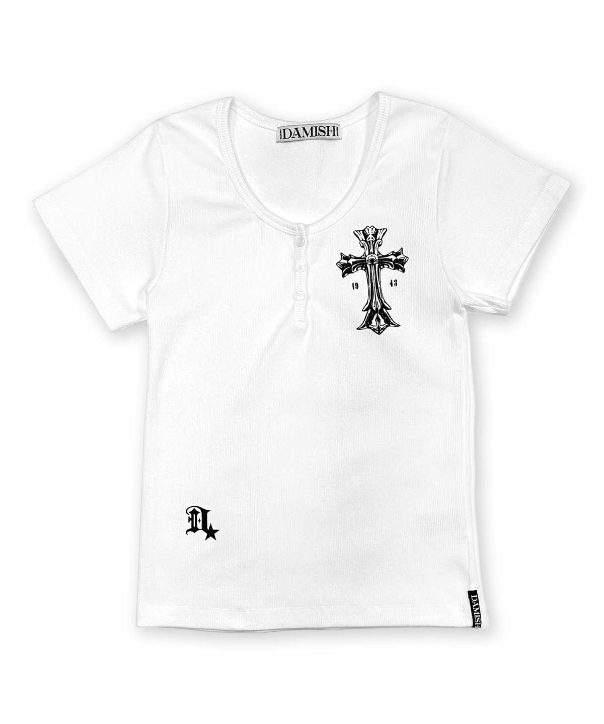 Gothic Cross Henley Neck Short Sleeve White