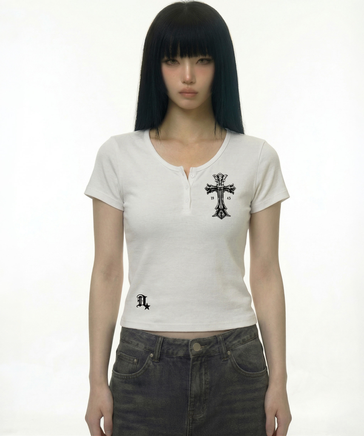 Gothic Cross Henley Neck Short Sleeve White
