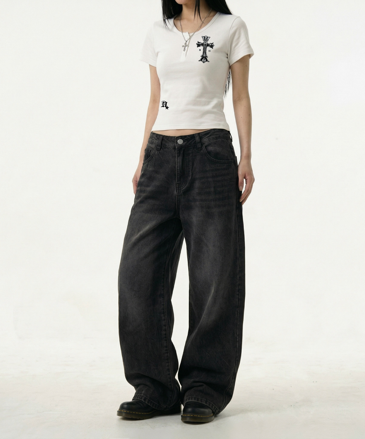 Gothic Cross Henley Neck Short Sleeve White