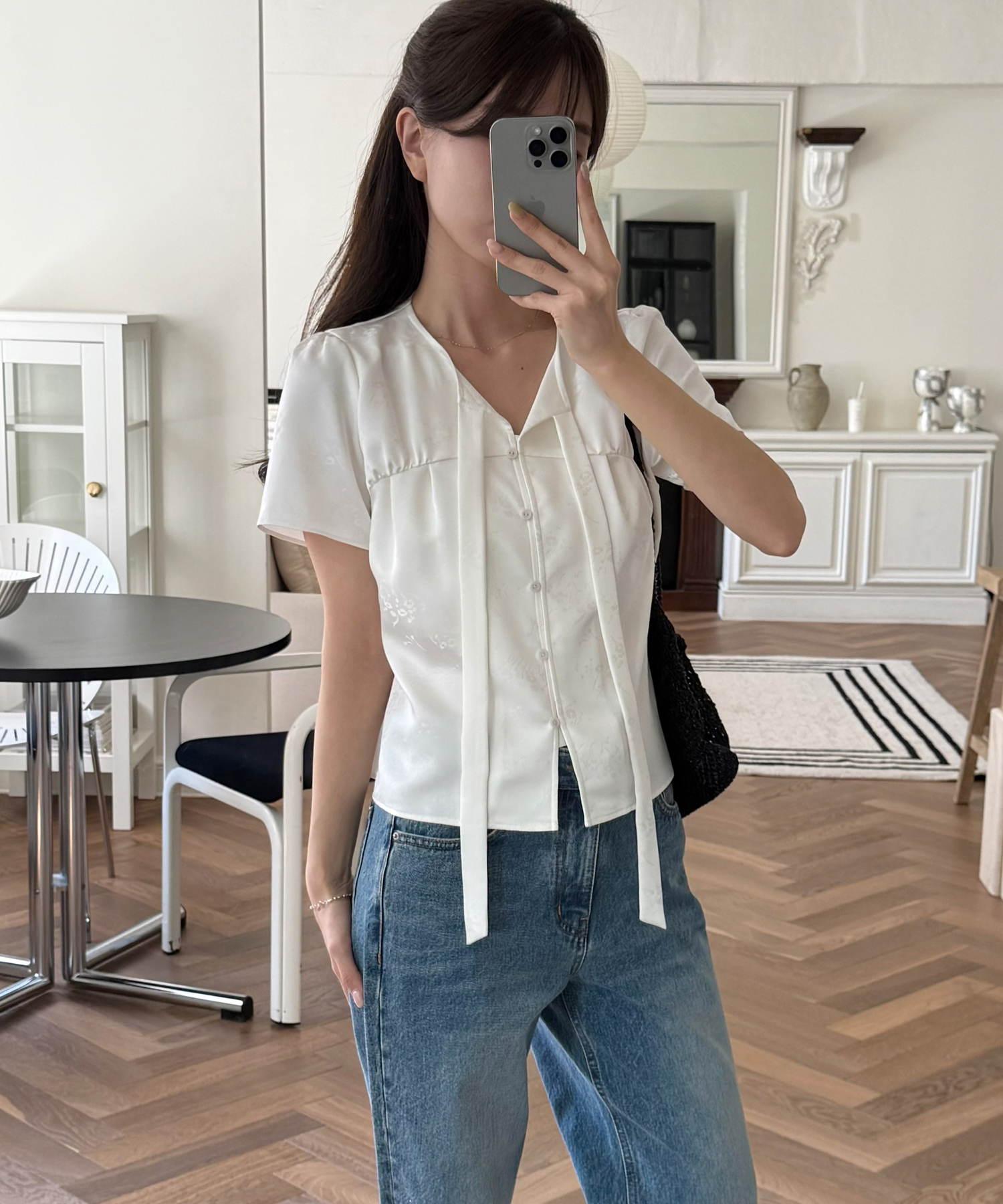 SATIN JACQUARD TIE BLOUSE [WHITE]