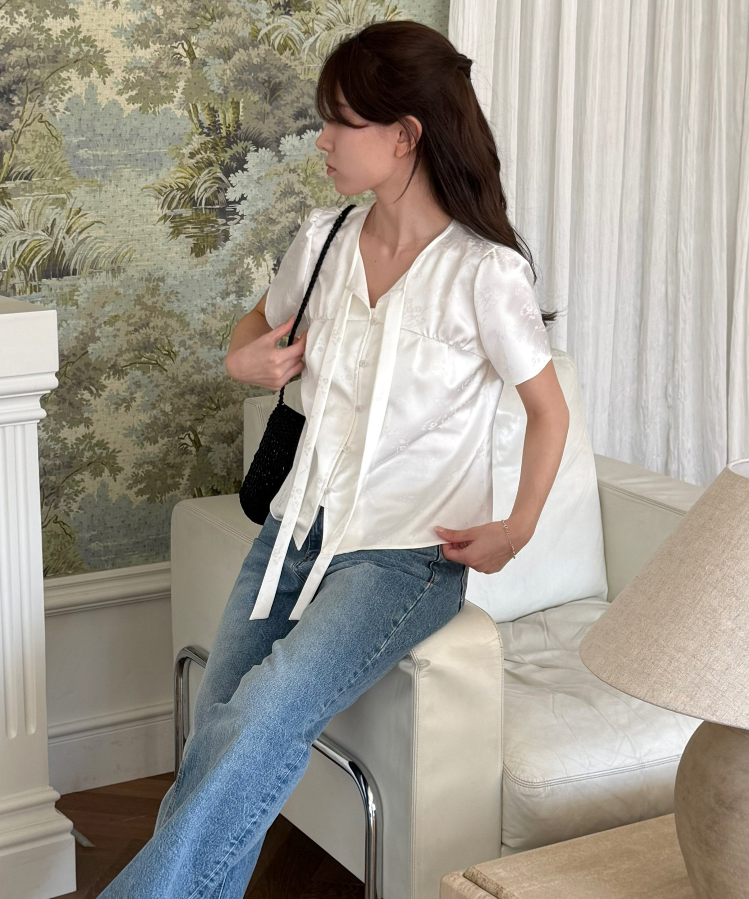 SATIN JACQUARD TIE BLOUSE [WHITE]