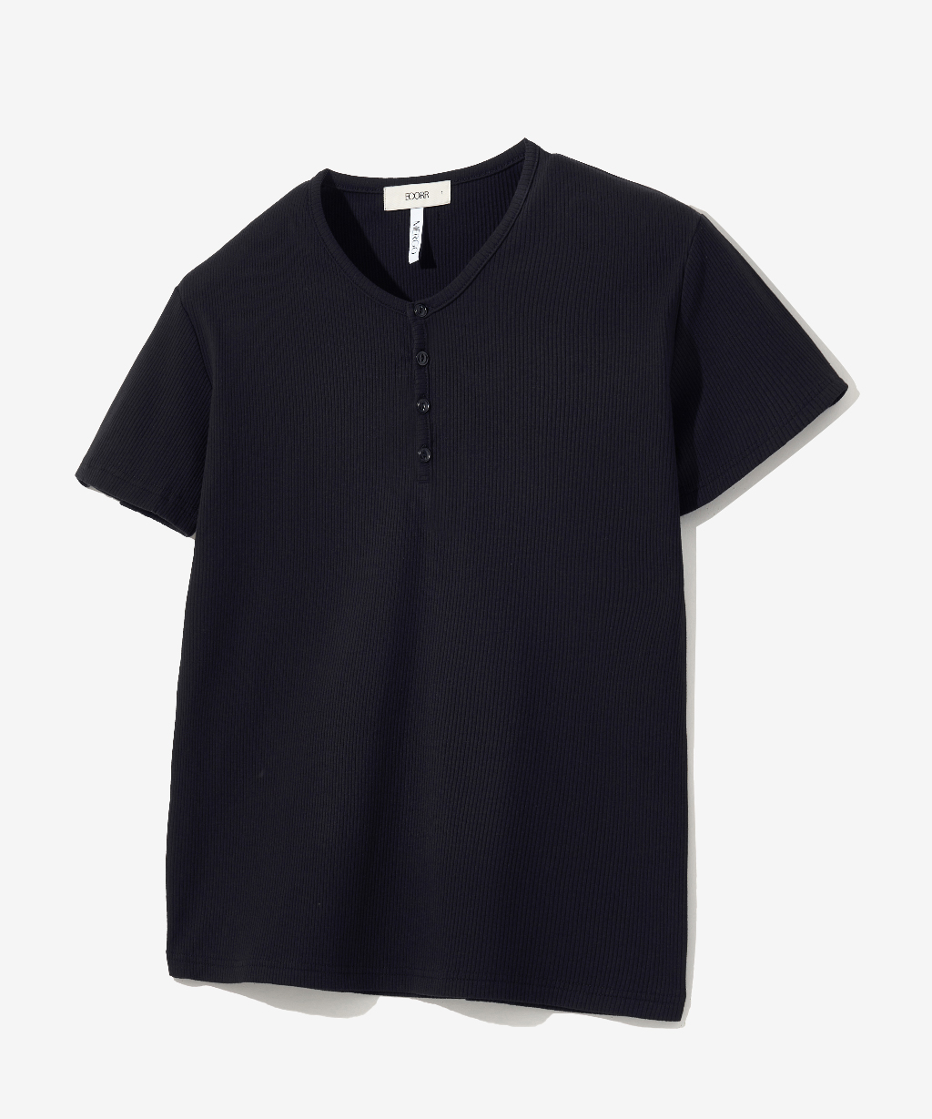 [ECR X MERGO] Ribbed Round Henley Neck T-shirt : 4COLOR
