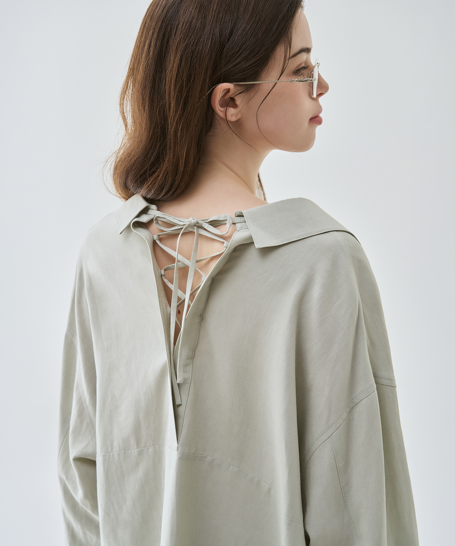 LINEN LACE UP POCKET SHIRT [WHITE]