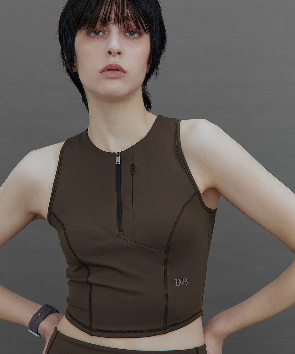 TMB Active Dual-Zip Cropped Tank Top [ Brown ]