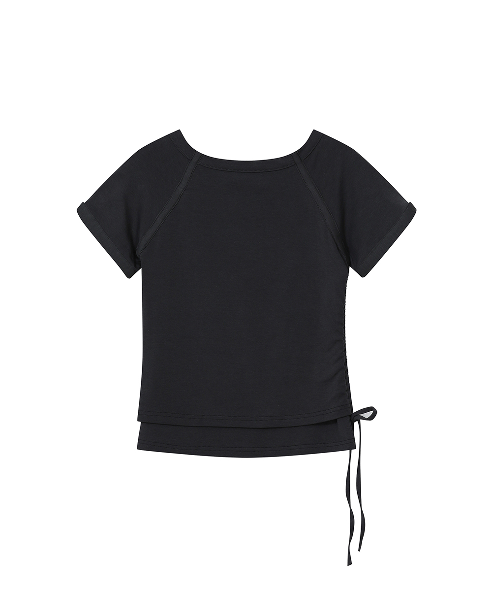 [шерстянойX] Snap shirring shortsleeve BLACK