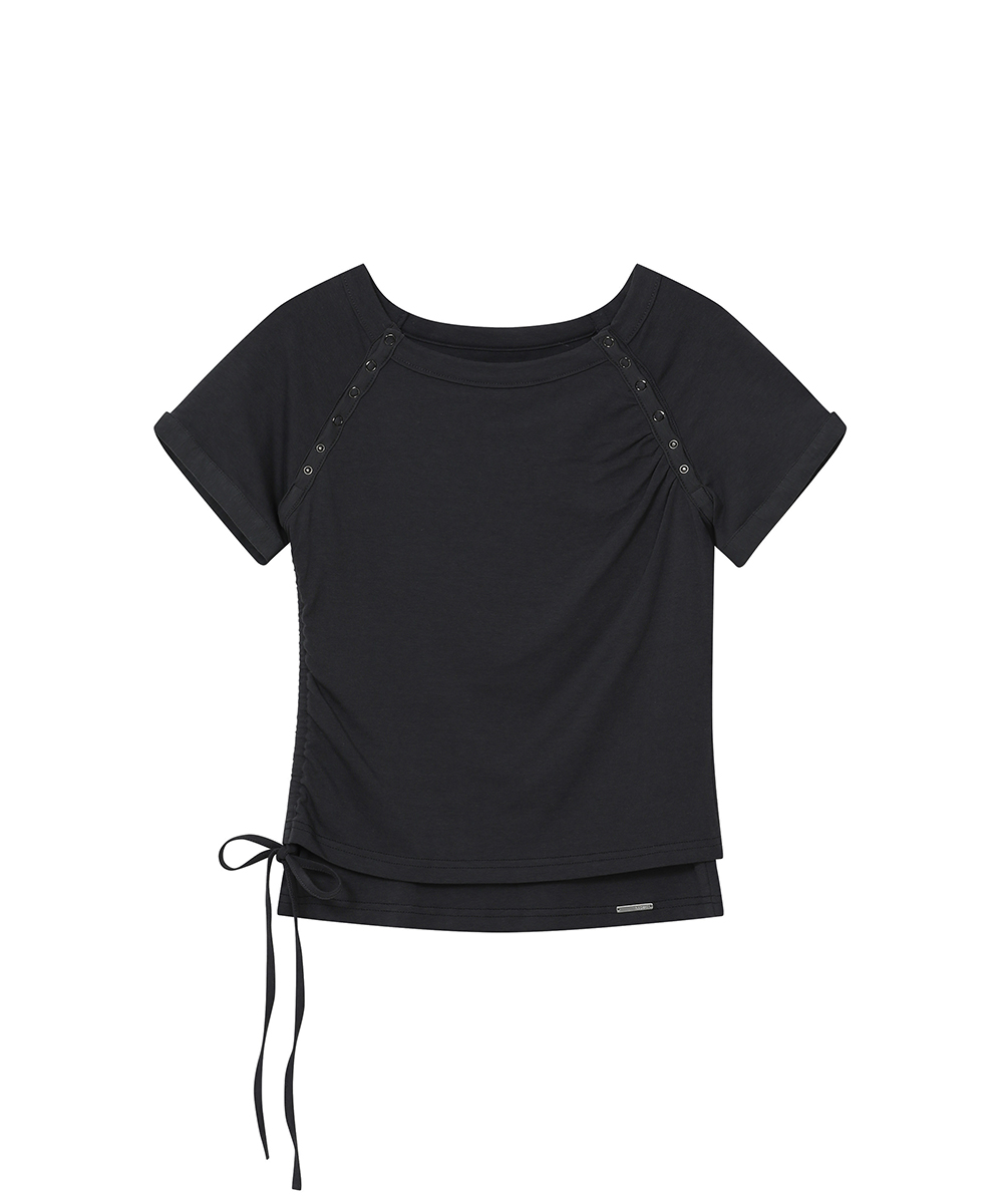 [шерстянойX] Snap shirring shortsleeve BLACK