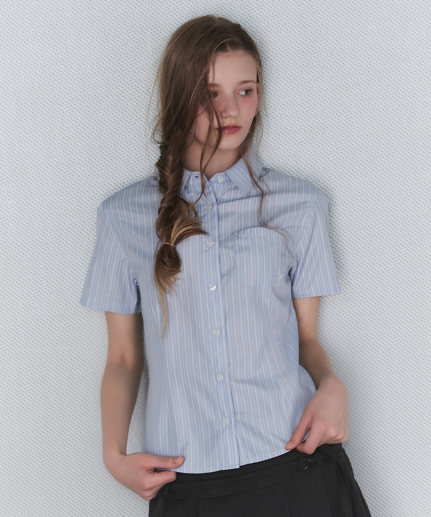 Slim-fit Stripe Half Shirt [BLUE]
