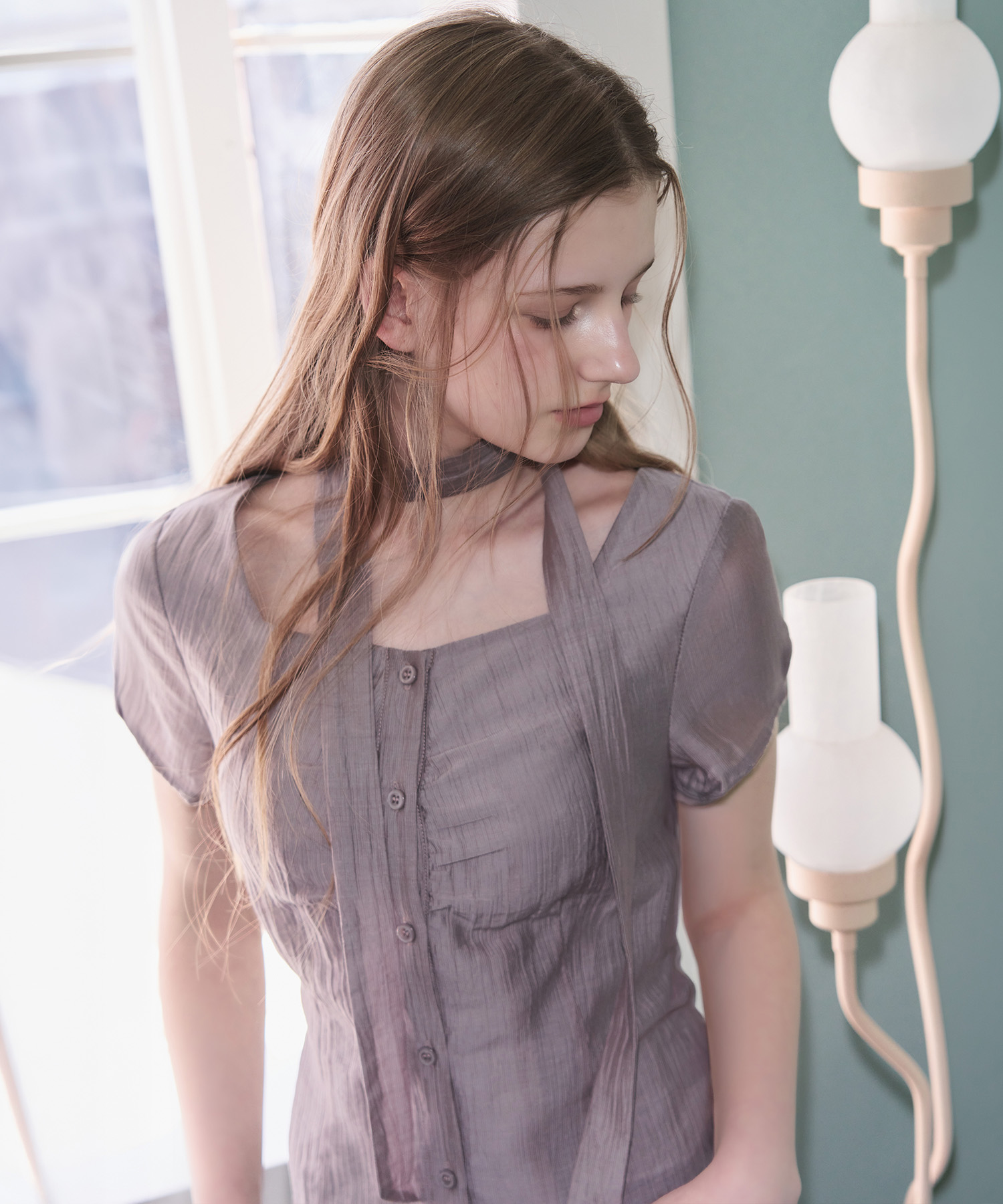 Double Tie Half Blouse [PURPLE GREY]