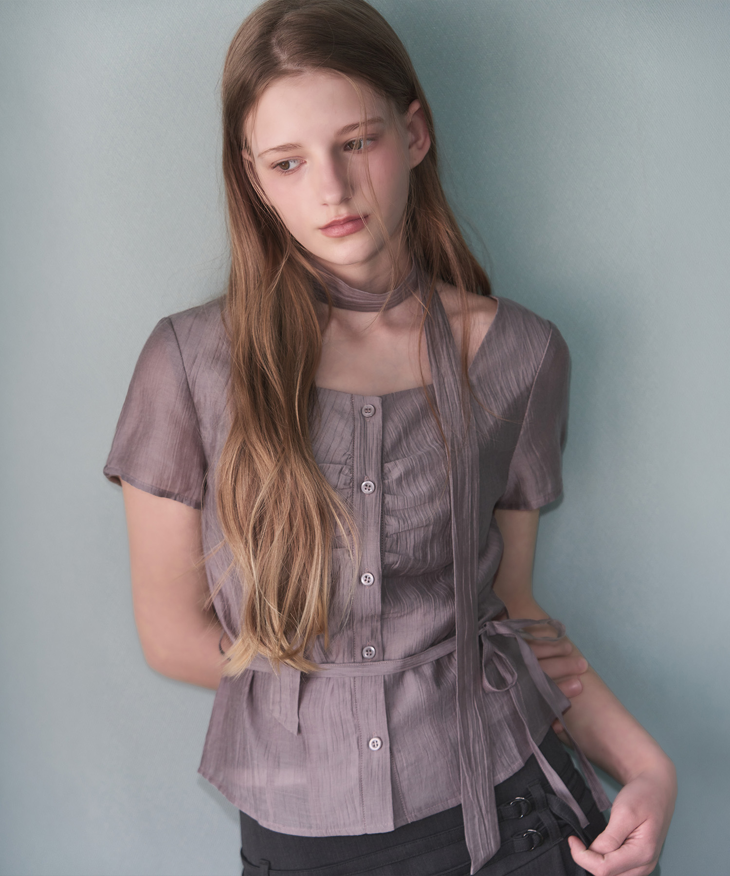 Double Tie Half Blouse [PURPLE GREY]