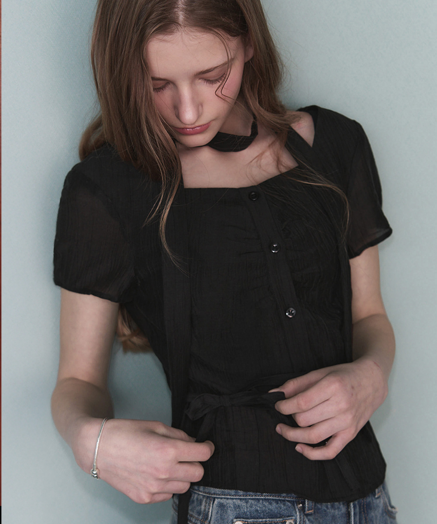 Double Tie Half Blouse [BLACK]