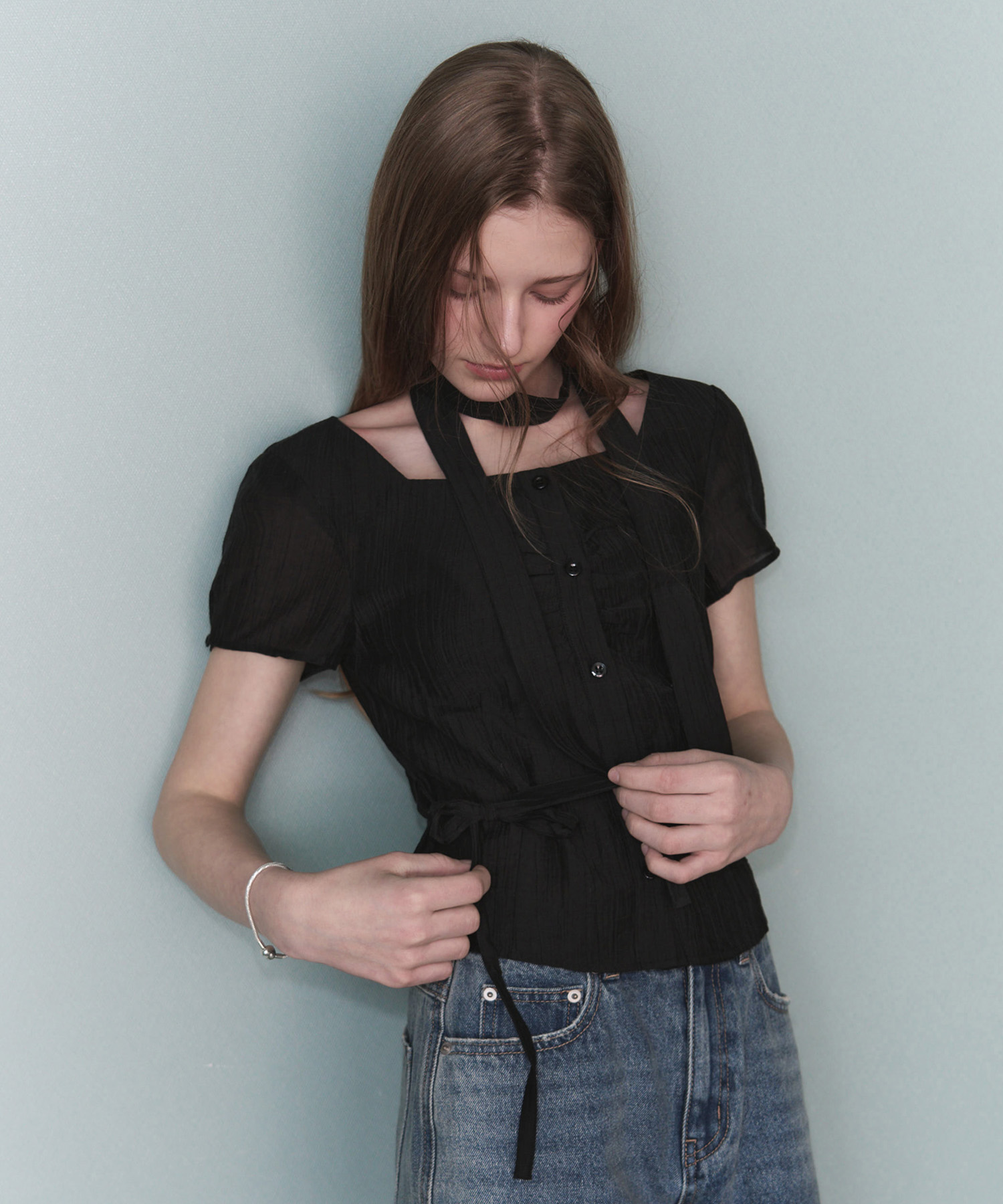 Double Tie Half Blouse [BLACK]