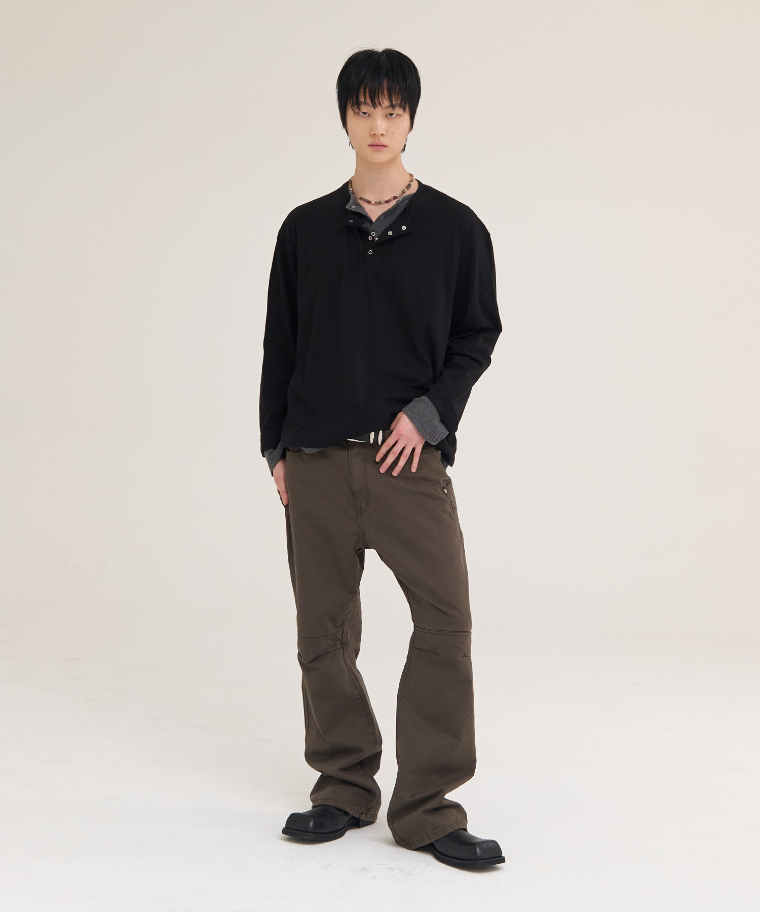 Contra Layered Henley Long Sleeve_Black