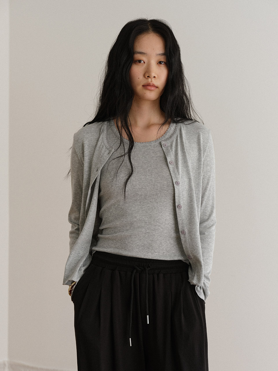 Pointelle Cardigan & Sleeveless Set (2color)