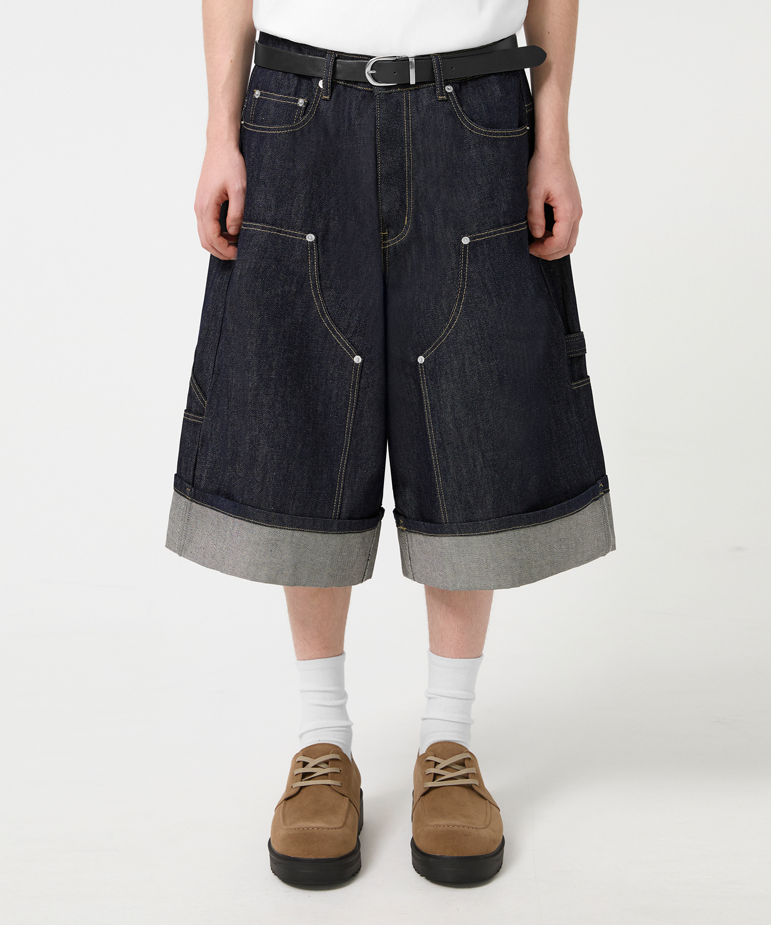 ROLL-UP RAW DENIM BERMUDA WIDE SHORTS_INDIGO