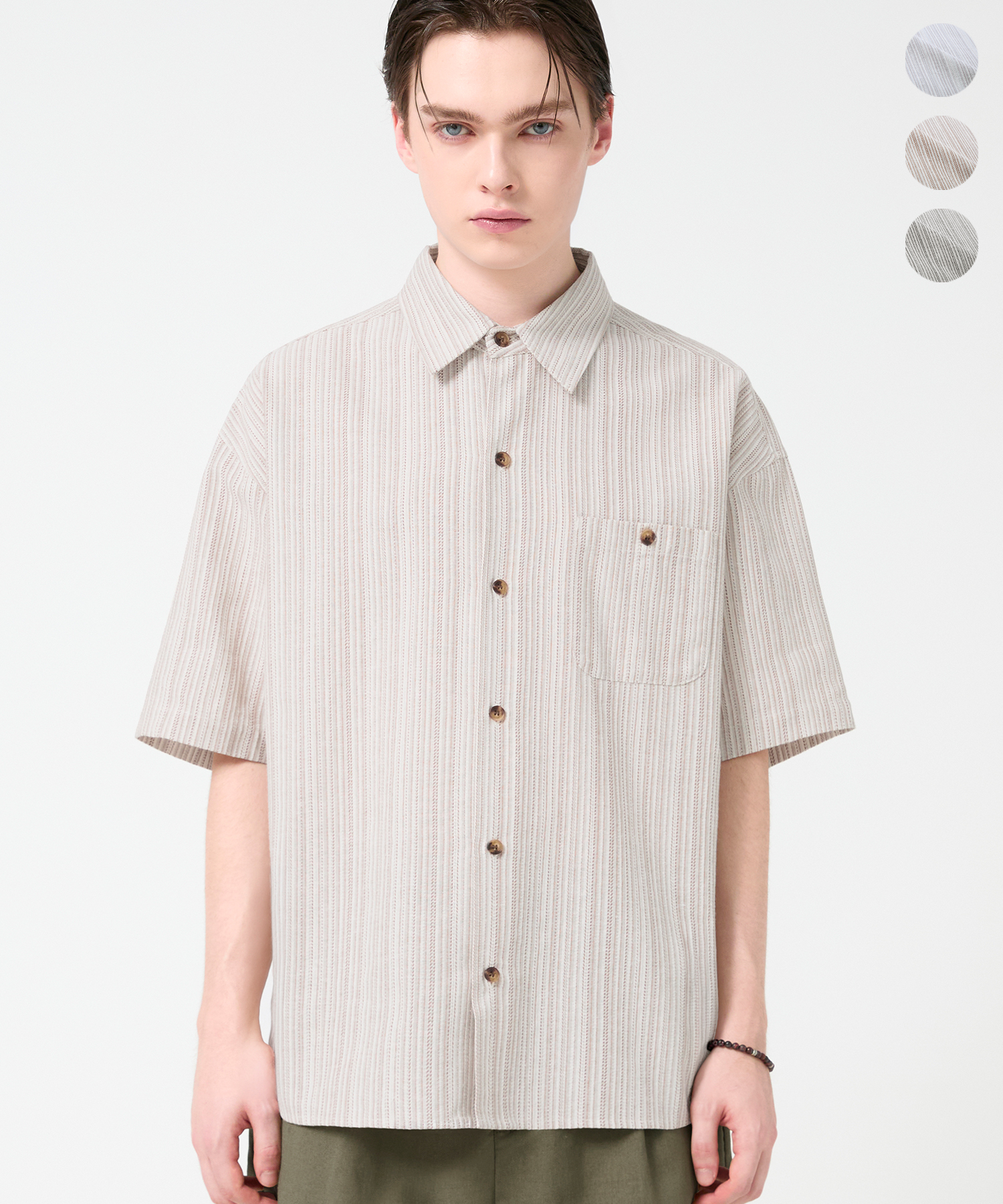 LINEN STRIPE SEMI OVERFIT CROP HALF SHIRT_3color