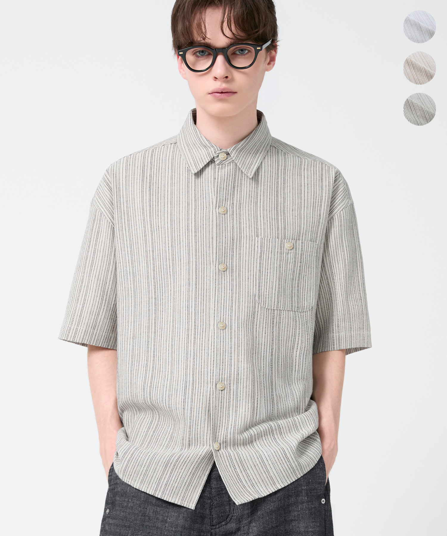 LINEN STRIPE SEMI OVERFIT CROP HALF SHIRT_3color
