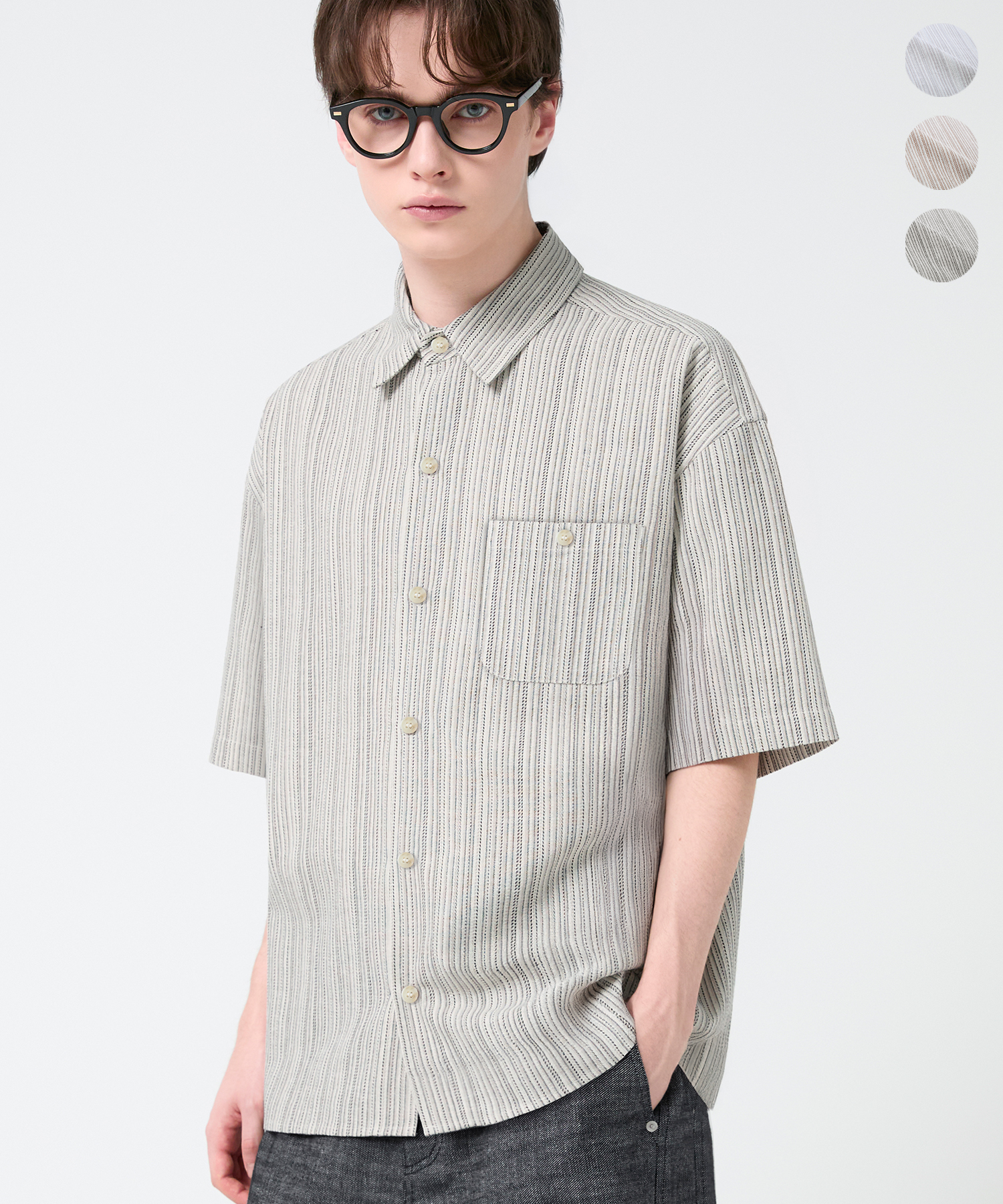 LINEN STRIPE SEMI OVERFIT CROP HALF SHIRT_3color