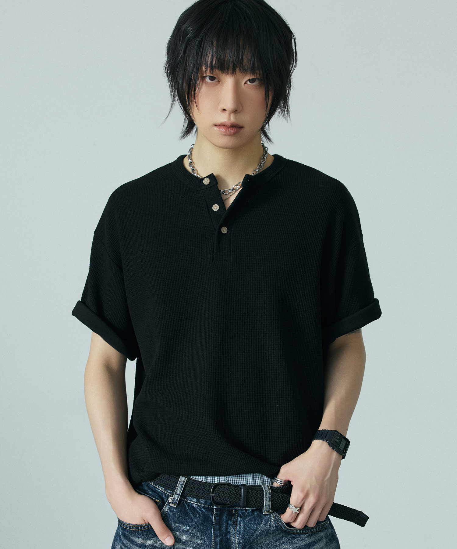 Вафельная henley-neck укороченная футболка [Black]