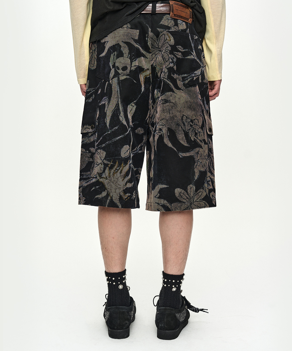FLOWER OVERLAY CARGO SHORTS apa902m(BLACK/BEIGE)