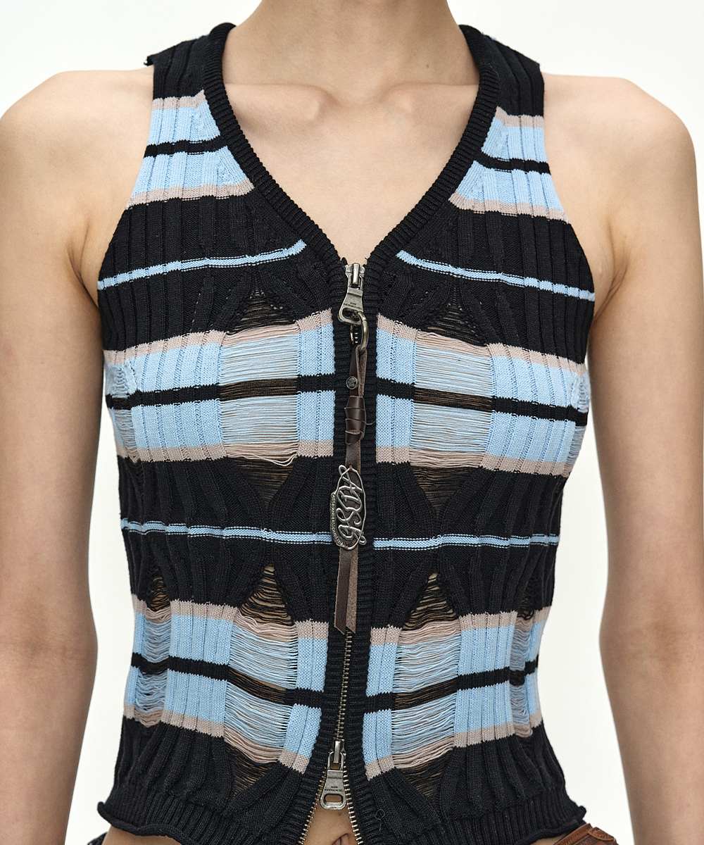 STRIPE OPEN KNIT VEST atb1582w(BLUE/BLACK)