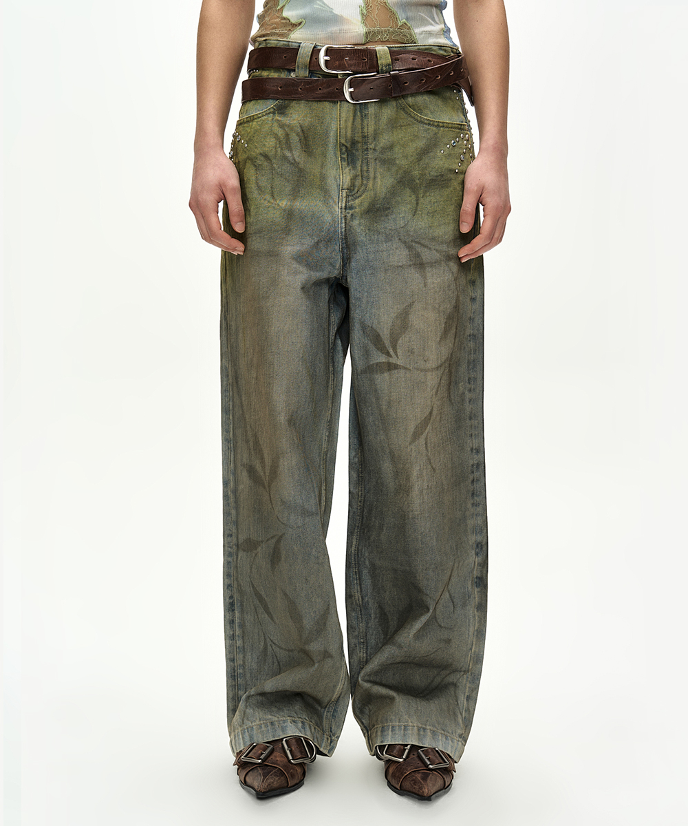 BOTANICAL-PRINT JEANS apa916w(GREEN/BLUE)