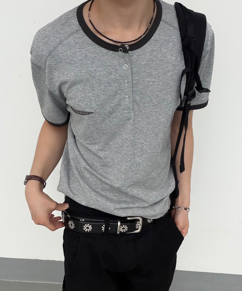 Ringer клетчатый Pocket Henley Neck T-рубашка : 3colors