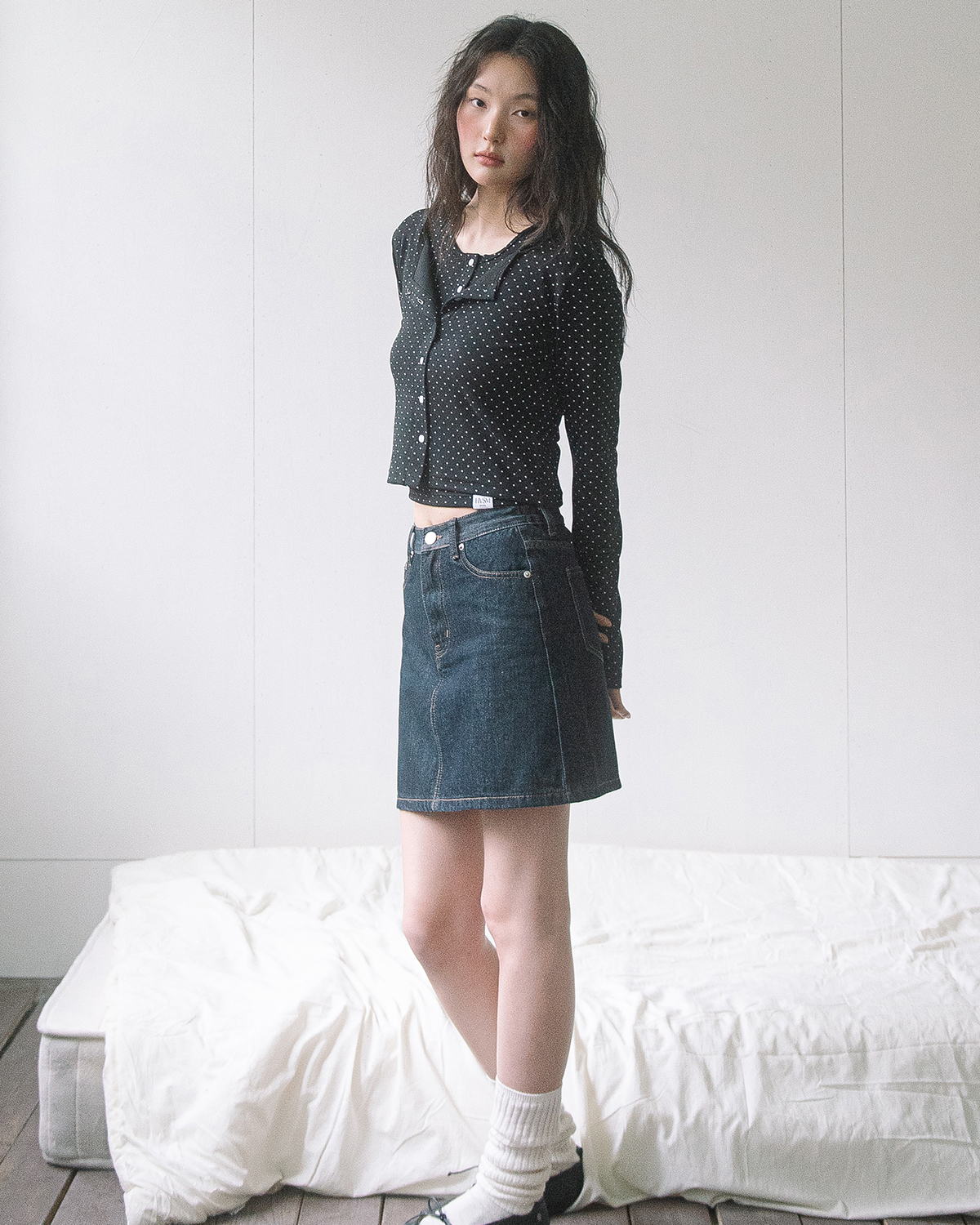 DOT CARDIGAN + HENLEY NECK SLEEVELESS SET(BLACK)