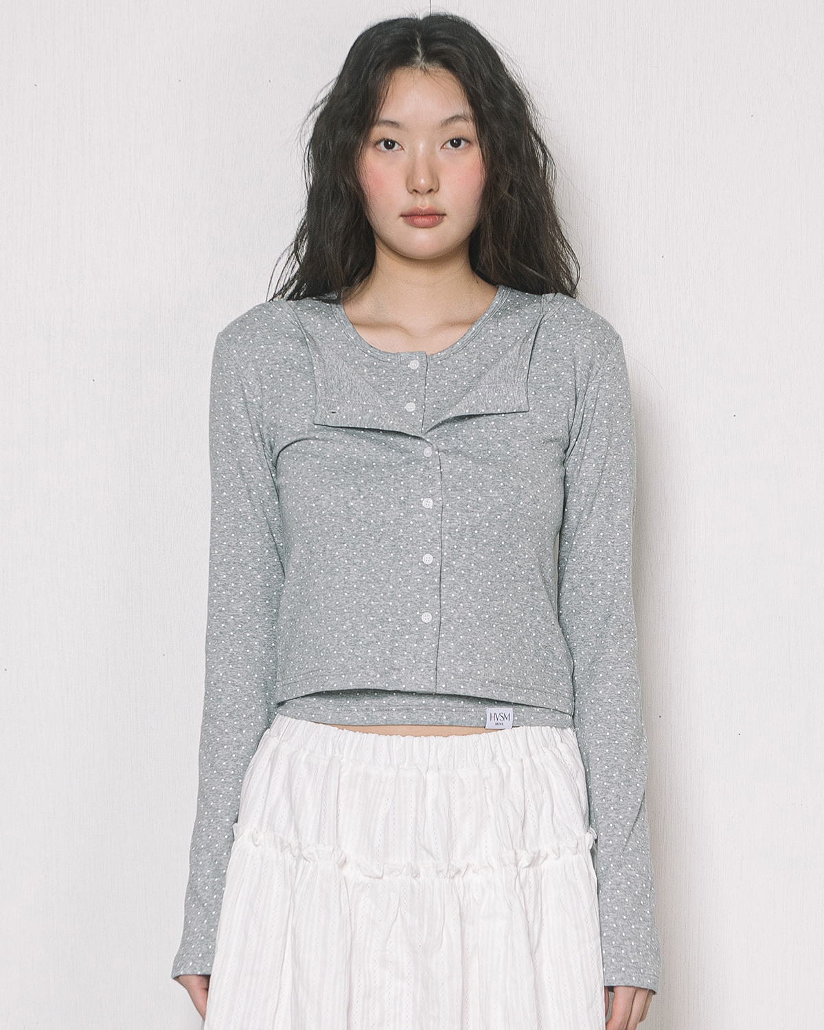 DOT CARDIGAN + HENLEY NECK SLEEVELESS SET(GREY)