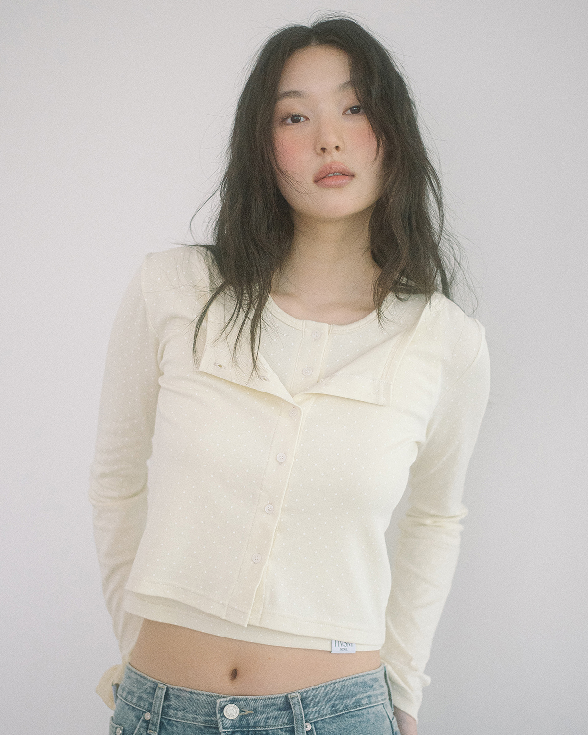 DOT CARDIGAN + HENLEY NECK SLEEVELESS SET(YELLOW)