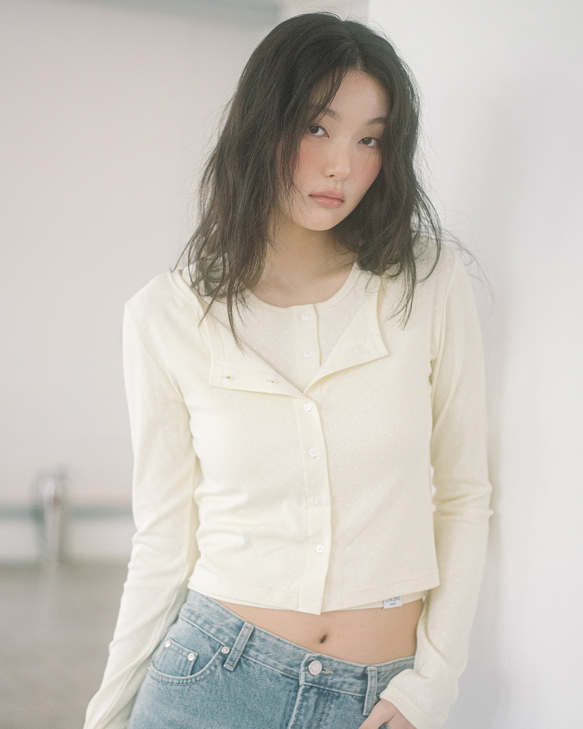 DOT CARDIGAN + HENLEY NECK SLEEVELESS SET(YELLOW)