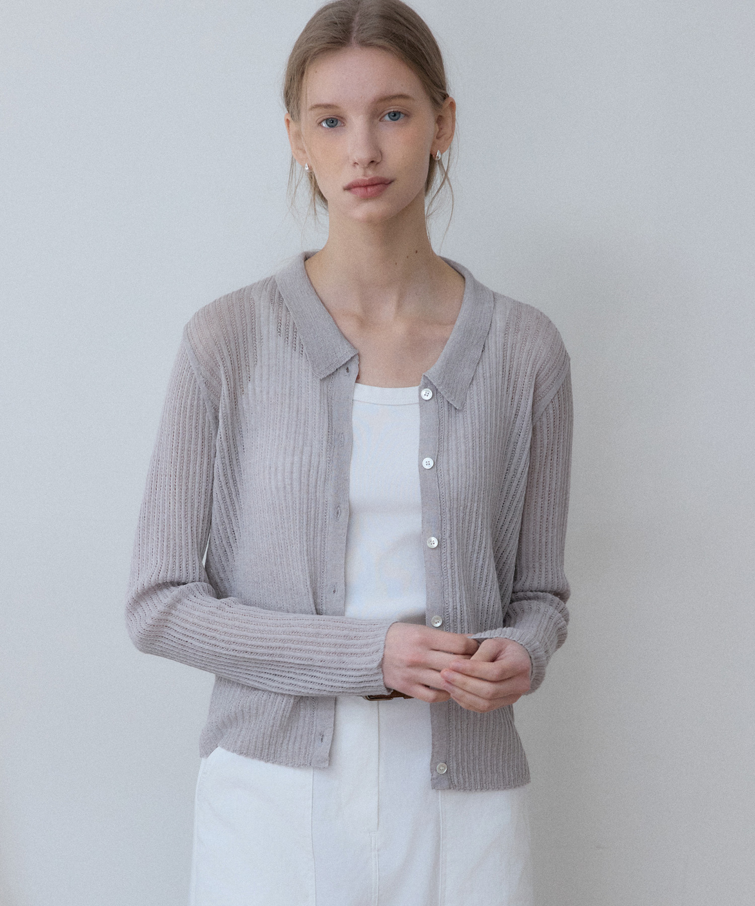 Льняной воротниковый рибированный кардиган - Melange Grey