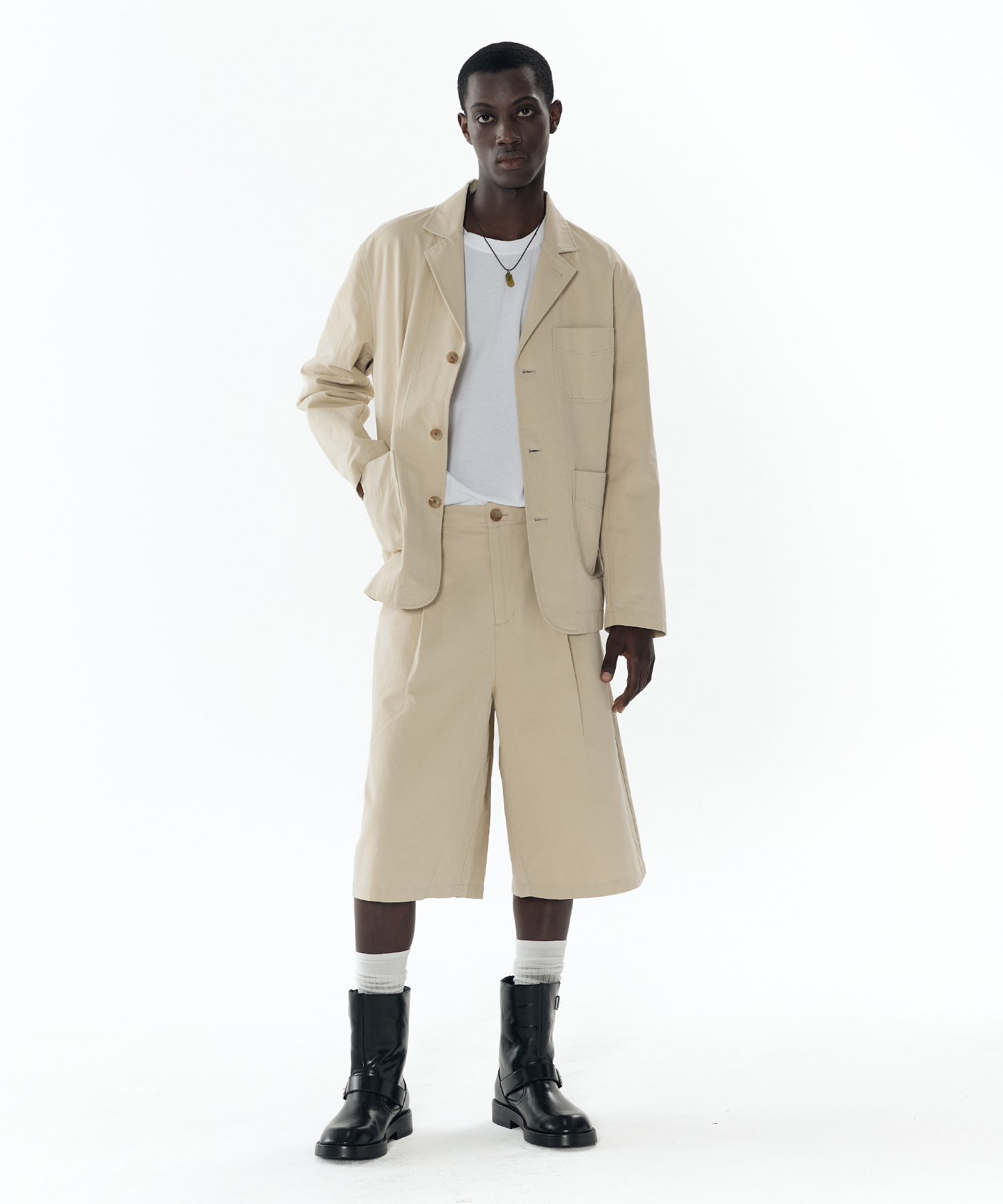[SET] Свободный костюм из вареного хлопка [Beige]