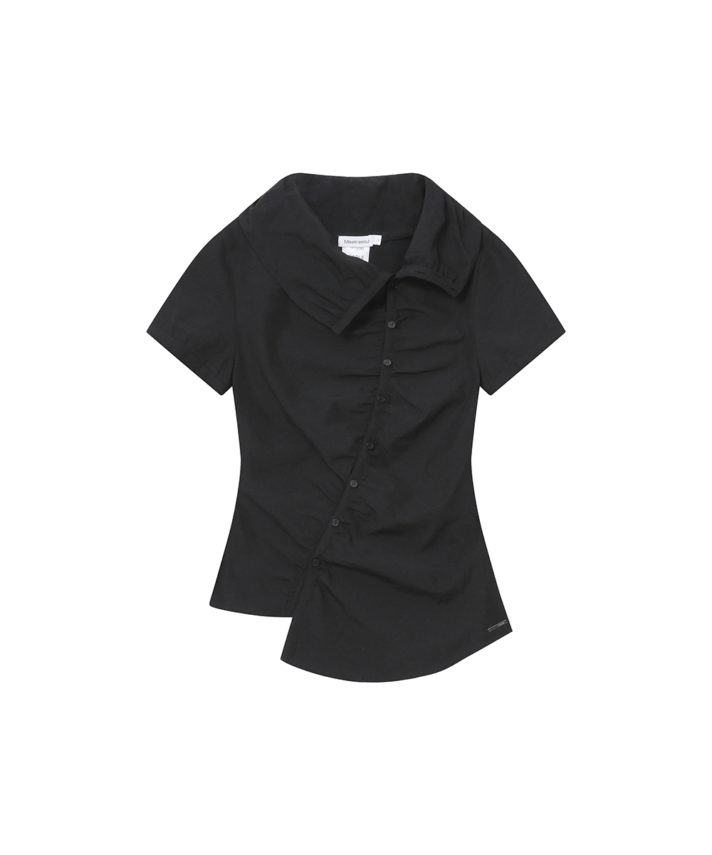 High neck shirring button shirt BLACK