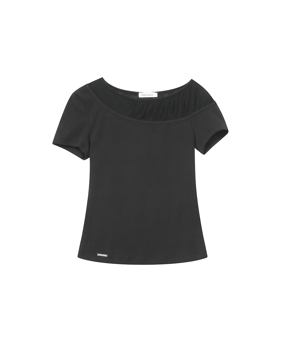 Sheer layered shirring line top CHARCOAL