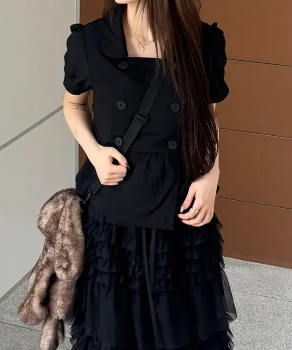 DOUBLE BUTTON FLARE SHIRT_BLACK