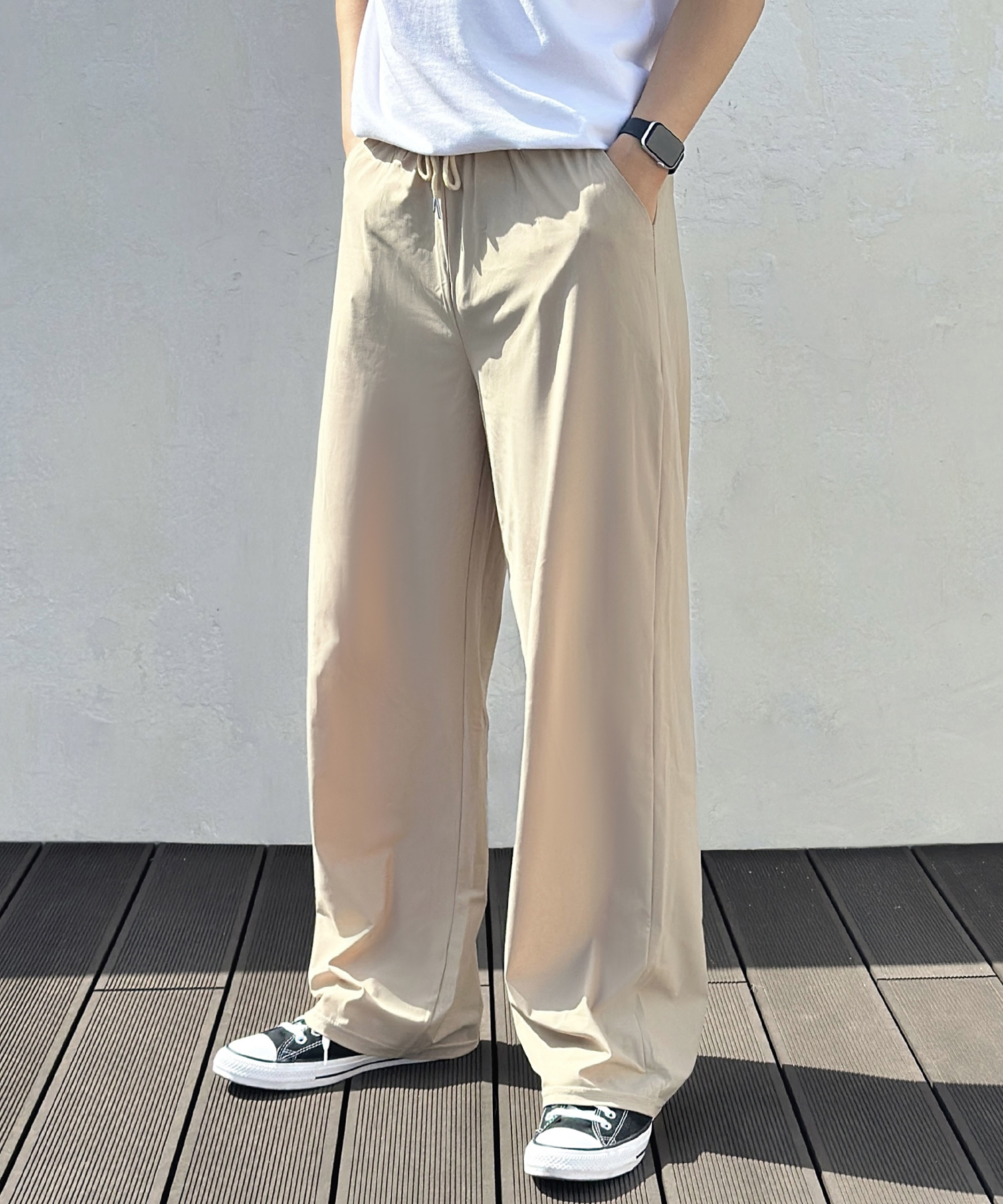 UNISEX COOLING SEMI-WIDE BANDING PANTS_BEIGE
