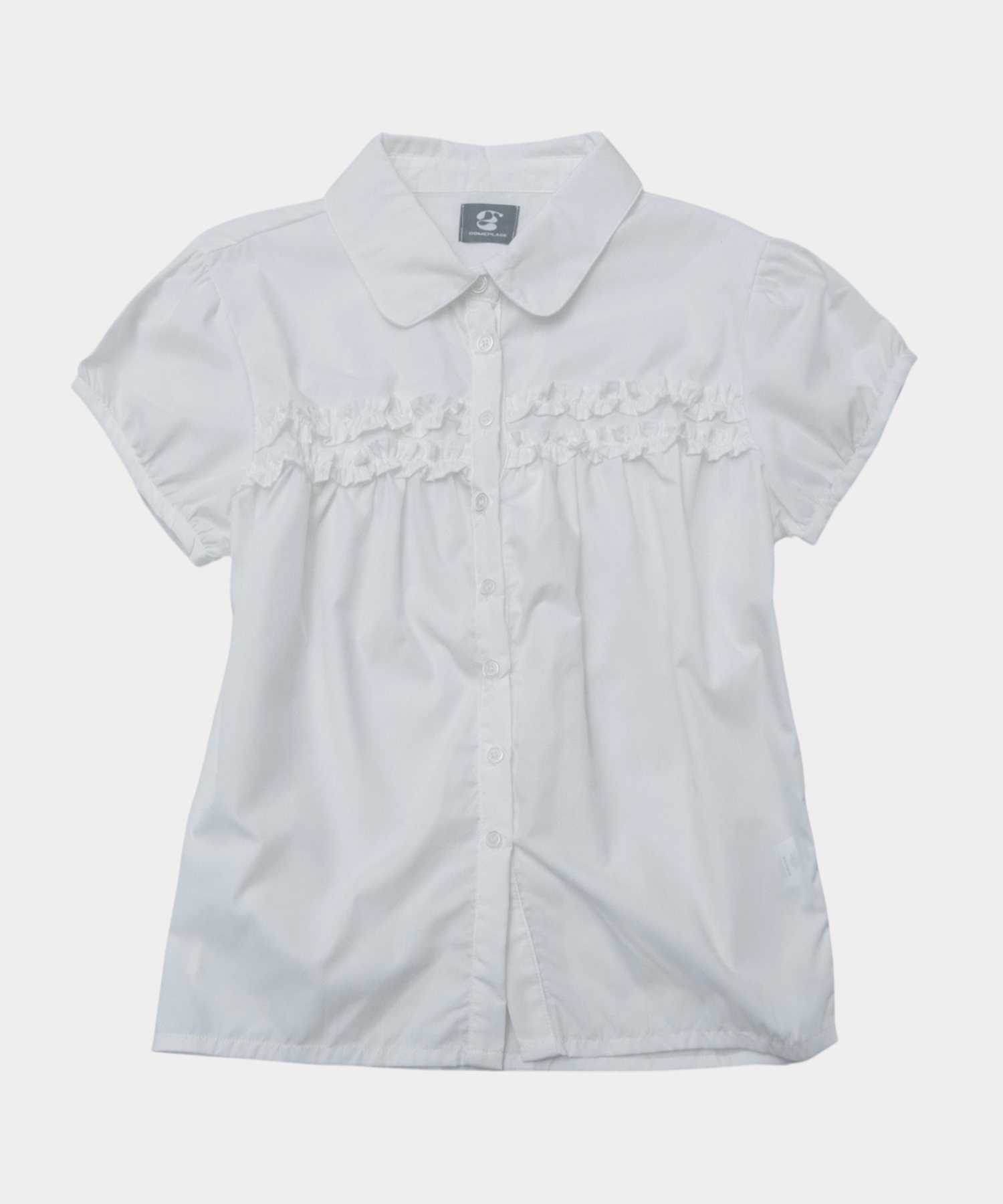 Блузка с коротким рукавом-фонариком и двойными рюшами [WHITE]