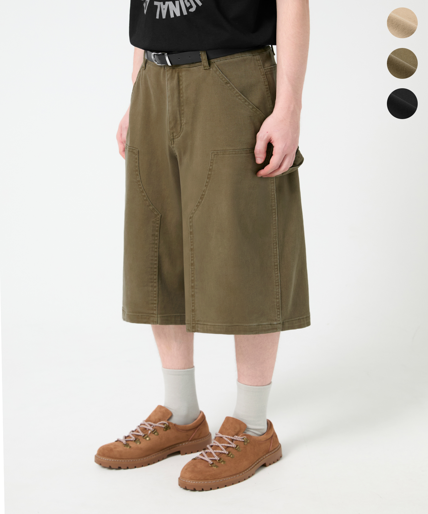 STONE WASHED WORK PATCH BERMUDA SHORTS_3color