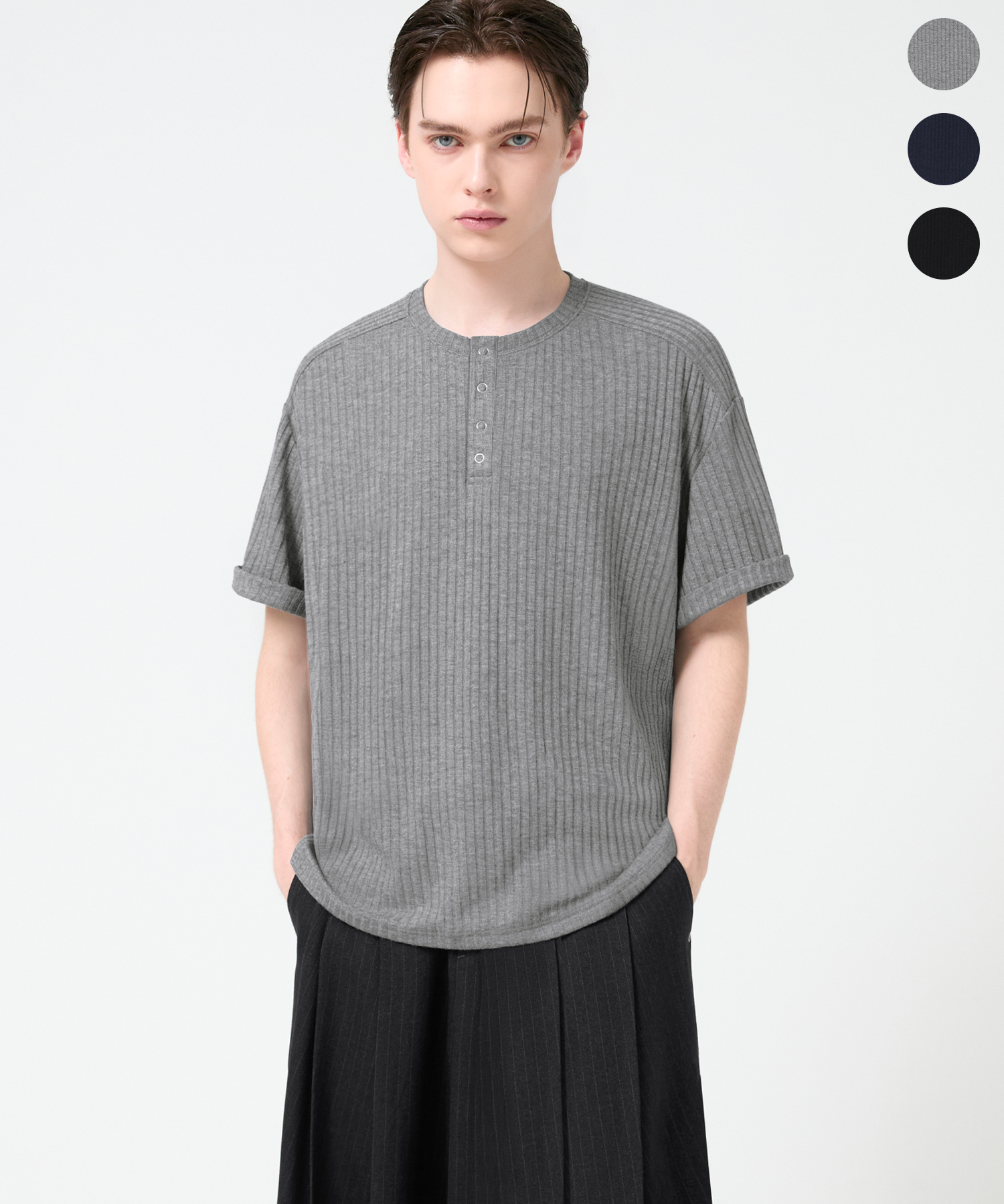 RIBBED RING SNAP HENLEY NECK T-SHIRT_3color