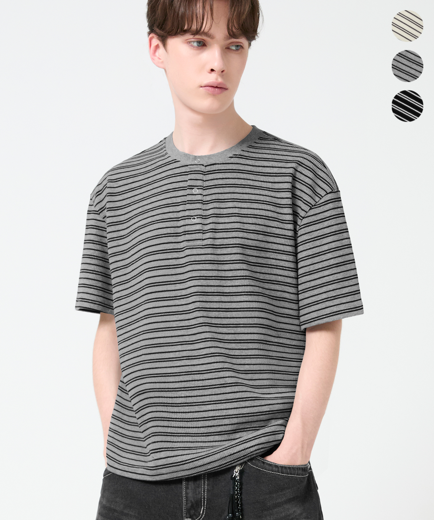 STRIPE WAFFLE RING SNAP HENLY NECK T-SHIRT_3color