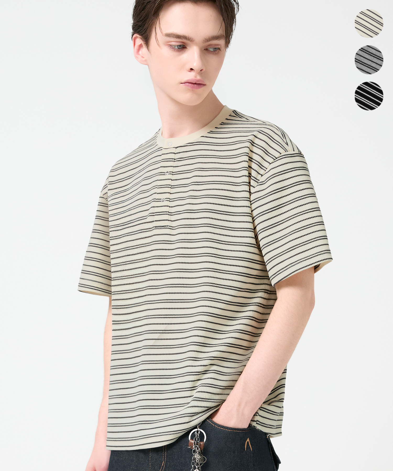 STRIPE WAFFLE RING SNAP HENLY NECK T-SHIRT_3color