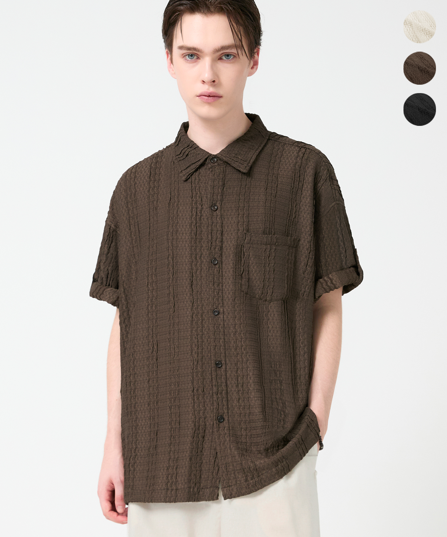 NATURAL STRIPE RESORT ROLL UP HALF SHIRT_3color