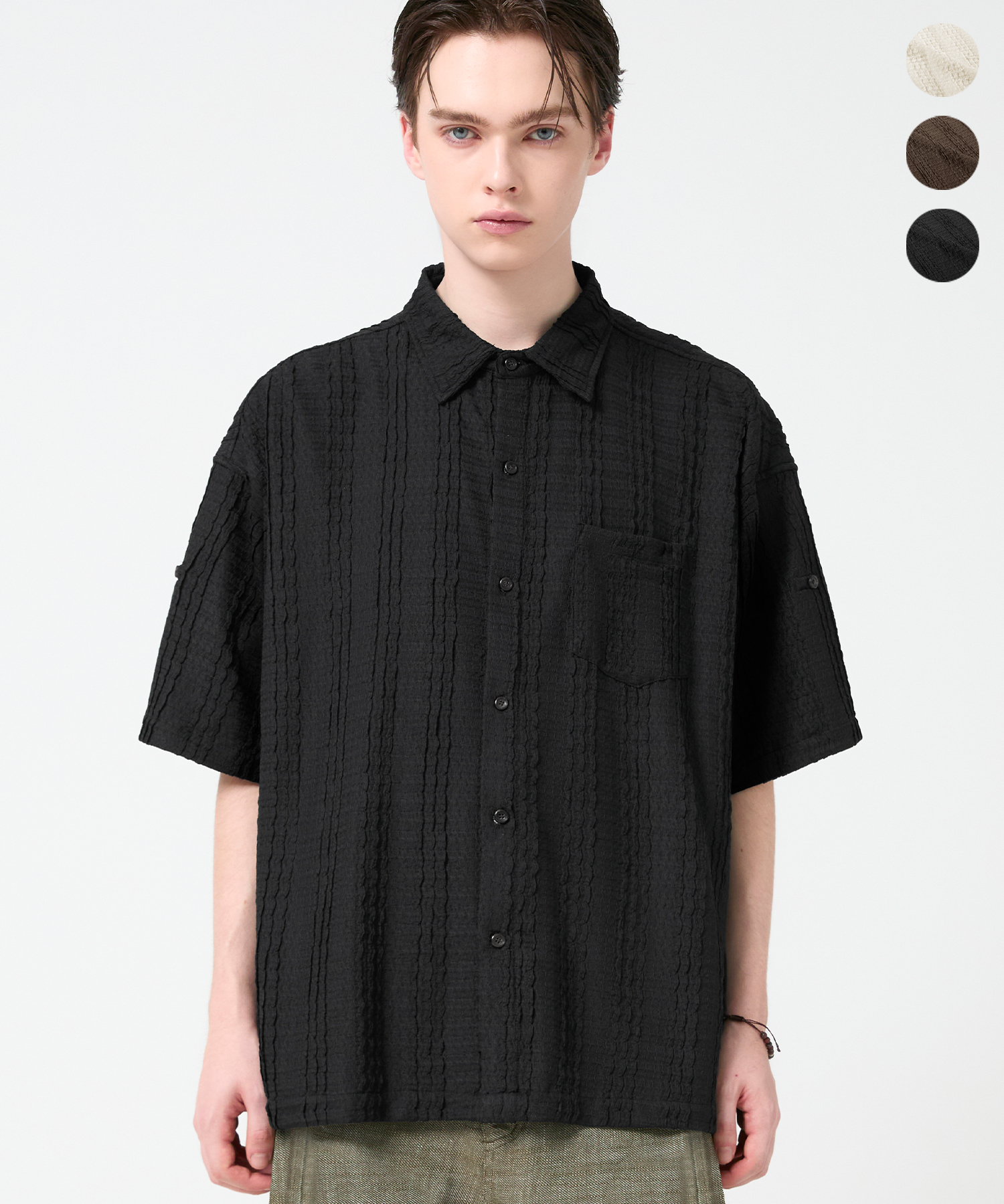 NATURAL STRIPE RESORT ROLL UP HALF SHIRT_3color