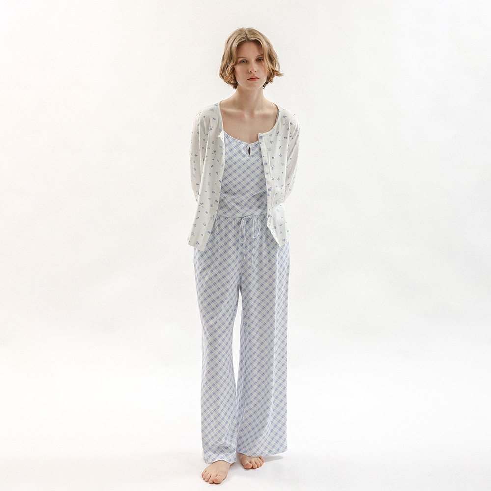 MJ_Sweet клетка цветок пижама three-piece set_BLUE