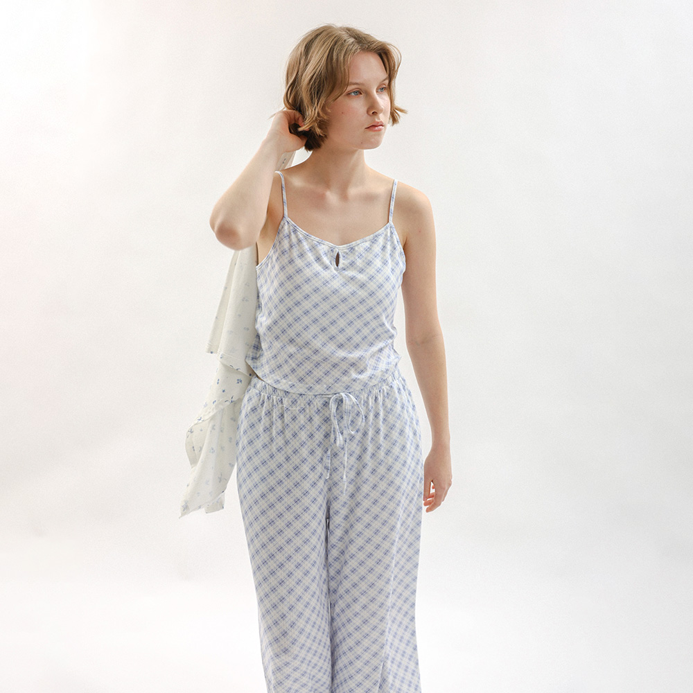 MJ_Sweet клетка цветок пижама three-piece set_BLUE
