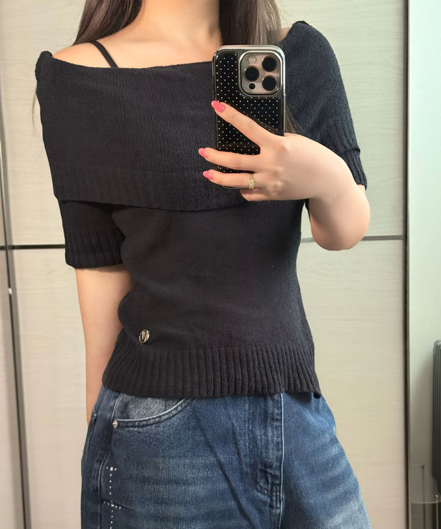 Essential Soft Off-Shoulder Symbol Logo шарф & вязаный топ с коротким рукавом комплект 2COLOR