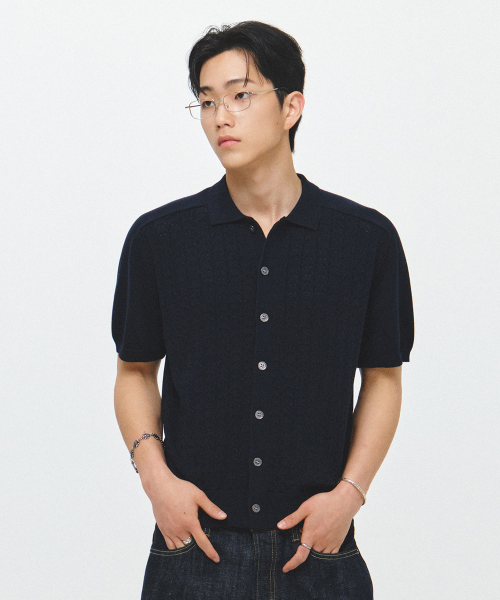 FRONT косичка CROP SHORT SLEEVE вязанный CARDIGAN_NAVY