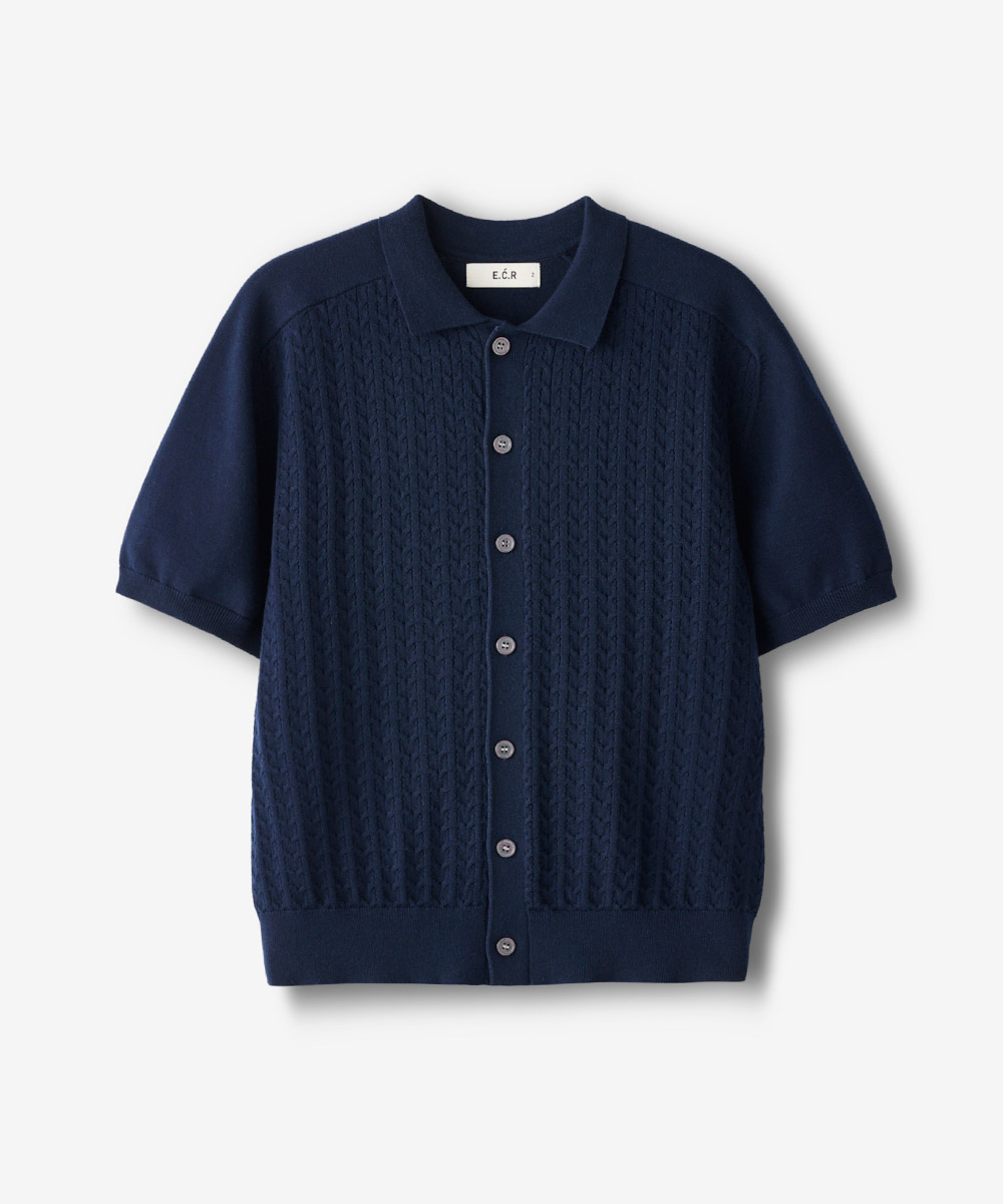 FRONT косичка CROP SHORT SLEEVE вязанный CARDIGAN_NAVY