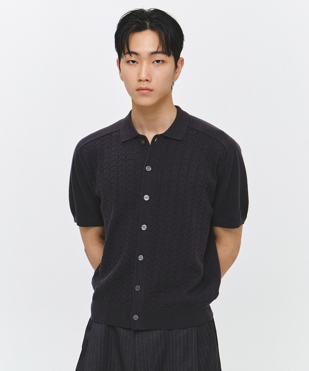 FRONT косичка CROP SHORT SLEEVE вязанный CARDIGAN_CHARCOAL